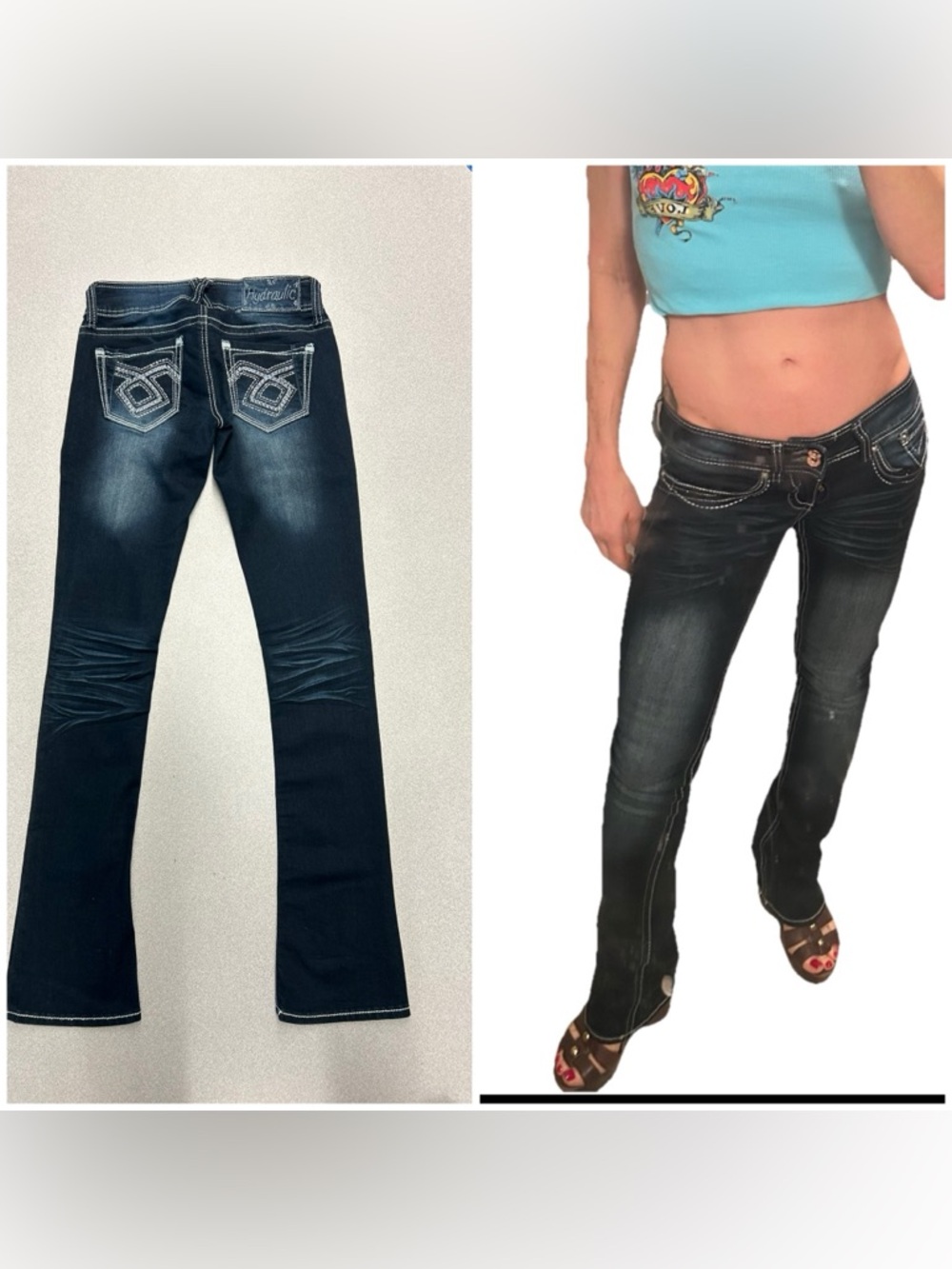 Hydraulic Dark Wash Y2K Ultra Low Rise Jeans Bedazzled Back Flap Pockets NWOT